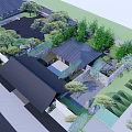 Modern Outdoor Pergola Design With Natural Pond Trees And Rockery Landscape