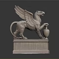 Ornate Winged Lion Statue With Pedestal Base And Claw Resting On Vase