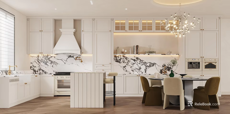 Modern Restaurant Kitchen Interior With White Cabinets Marble Backsplash Island Chandelier And Dining Table Chairs 3d model 