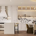 Modern Restaurant Kitchen Interior With White Cabinets Marble Backsplash Island Chandelier And Dining Table Chairs
