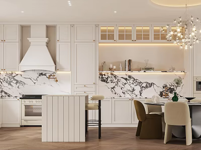 Modern Restaurant Kitchen Interior With White Cabinets Marble Backsplash Island Chandelier And Dining Table Chairs 3d model