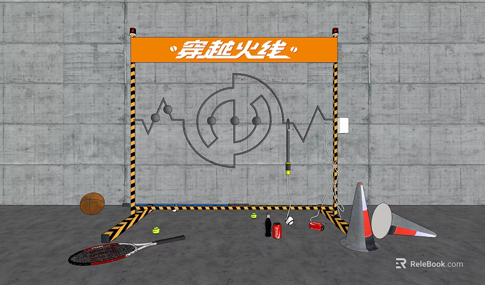 CrossFire Themed Obstacle Course Equipment With Frame Basketball Tennis Racket And Traffic Cones 3d model 