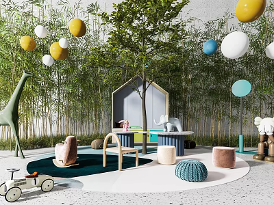 Vibrant Children Play Area With Kids Table Green Plants Toys And Hanging Balls 3d model