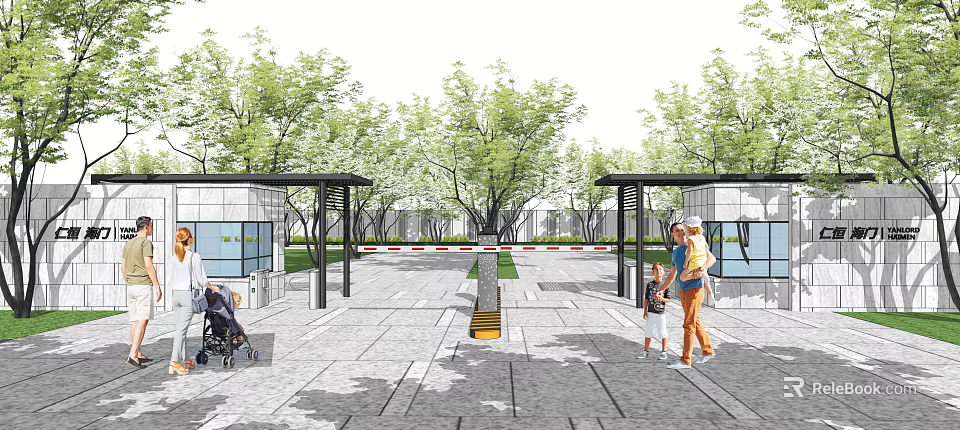 Modern Entrance Gate with Green Trees Pedestrians and Stone Pavement in Community Square 3d model 