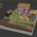 Cartoon Village Scene With Brown Roof House Small Cottage Fenced Path Green Grass And Trees