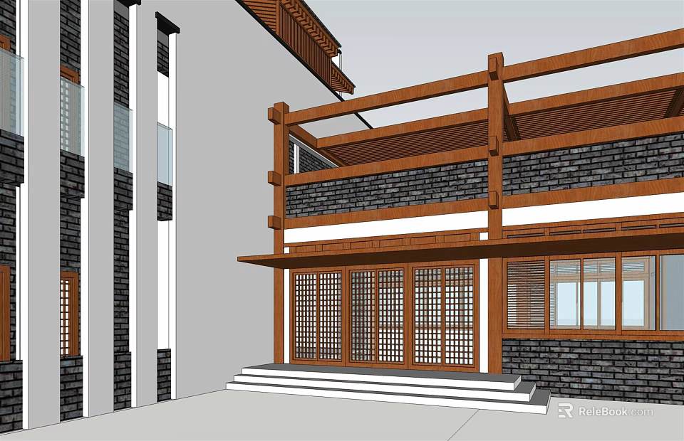Traditional Chinese Building Exterior Featuring Wooden Frame Black Brick Walls Lattice Doors And Steps 3d model 