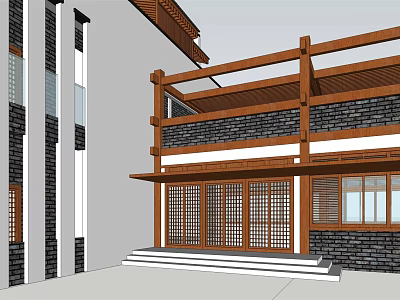 Traditional Chinese Building Exterior Featuring Wooden Frame Black Brick Walls Lattice Doors And Steps 3d model