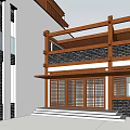 Traditional Chinese Building Exterior Featuring Wooden Frame Black Brick Walls Lattice Doors And Steps