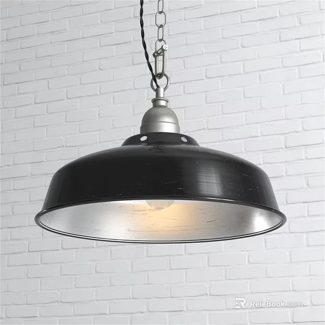 Industrial Black Metal Pendant Light Design Hanging Against White Brick Wall 3d model 