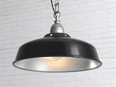 Industrial Black Metal Pendant Light Design Hanging Against White Brick Wall 3d model