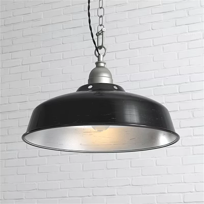 Industrial Black Metal Pendant Light Design Hanging Against White Brick Wall 3d model
