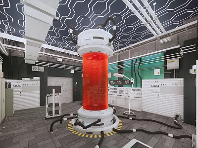 Public Office Space Featuring Red Central Column Black Cables Yellow Warning Lines And Green Walls 3d model