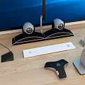 Projection Monitoring Setup With Large Screen Projector And Conference Room Microphones