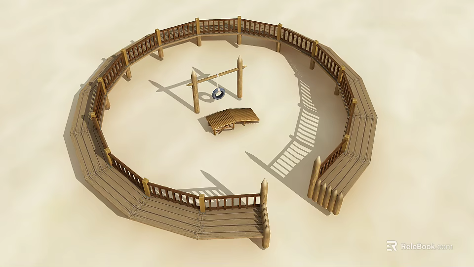 Circular Wooden Fence Enclosing Outdoor Area With Swing And Bench 3d model 
