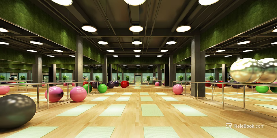 Spacious Fitness Studio With Yoga Mats Colorful Exercise Balls Mirrors Green Walls And Wooden Floor 3d model 