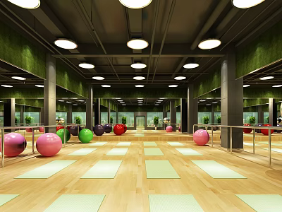 Spacious Fitness Studio With Yoga Mats Colorful Exercise Balls Mirrors Green Walls And Wooden Floor 3d model