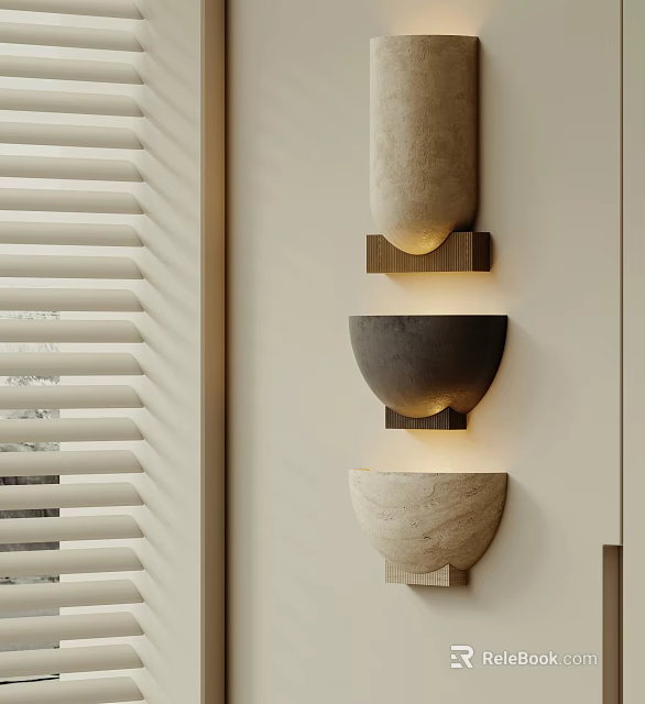 Minimalist Wall Mounted Sconces in Three Textured Stone Designs with Neutral Hues 3d model