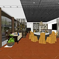 Elegant Restaurant Interior With Sofa Seating Dining Tables Yellow Chairs And Red Tiled Floor