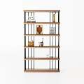 Modern Open Bookcase With Wooden Shelves And Metal Frame Decorated With Books And Decorative Items