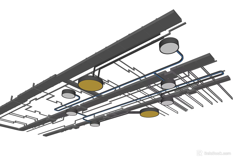 Modern Ceiling Structure With Black Beams Round Lights And Blue Wires 3d model 