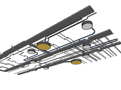 Modern Ceiling Structure With Black Beams Round Lights And Blue Wires 3d model