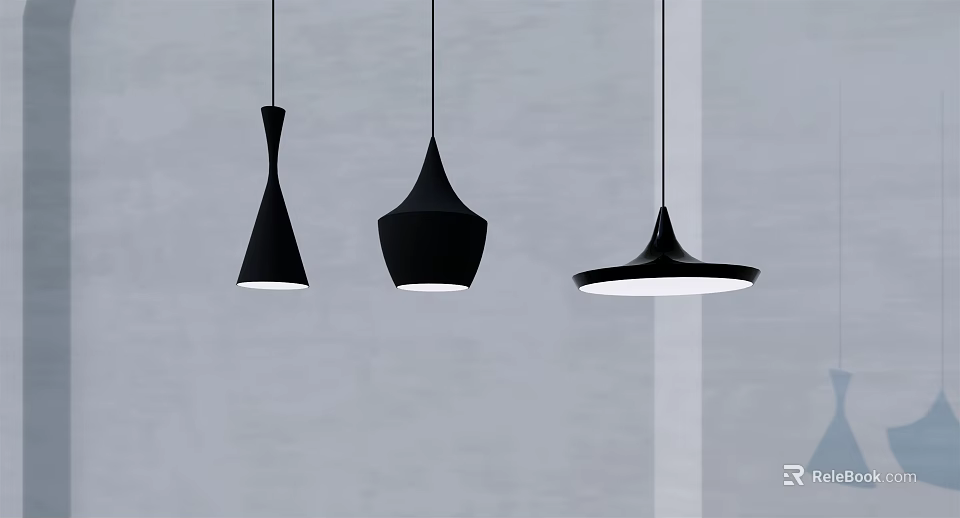 Three Black Pendant Lights With Different Shapes On Gray Wall Background 3d model