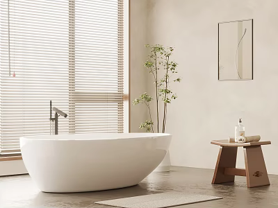 Minimalist Bathroom With White Freestanding Bathtub Potted Plant And Wooden Stool 3d model