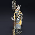 Man In Ornate Gold And Blue Armor With Elaborate Headdress Standing Beside Green Decorative Bottle