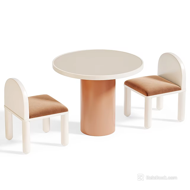Round Children's Table With Copper Leg And Two Arched Chairs White Legs Brown Padded Seats 3d model 