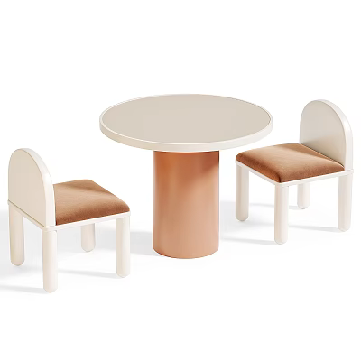Round Children's Table With Copper Leg And Two Arched Chairs White Legs Brown Padded Seats 3d model
