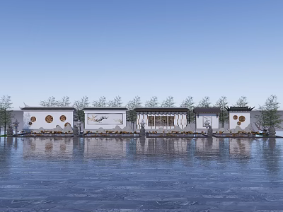 Traditional Chinese Landscape Wall With Water Reflection Circular Windows And Trees 3d model