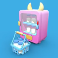 Cute Pink Refrigerator With Yellow Horns Blue Basket Milk Cartons And Price Tag