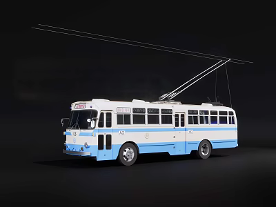Vintage Blue And White Trolleybus With Overhead Wires On Black Background 3d model