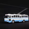 Vintage Blue And White Trolleybus With Overhead Wires On Black Background