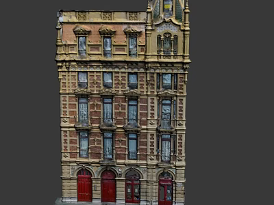Cartoon Style Vintage Building With Multiple Floors Red Doors And Decorative Top 3d model