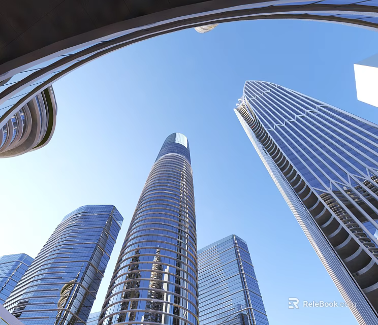 Modern High Rise Office Buildings With Glass Curtain Walls And Blue Sky Background 3d model 