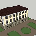 Classical Style Office Building With Yellow Facade Multiple Windows And Dark Roof 3d model