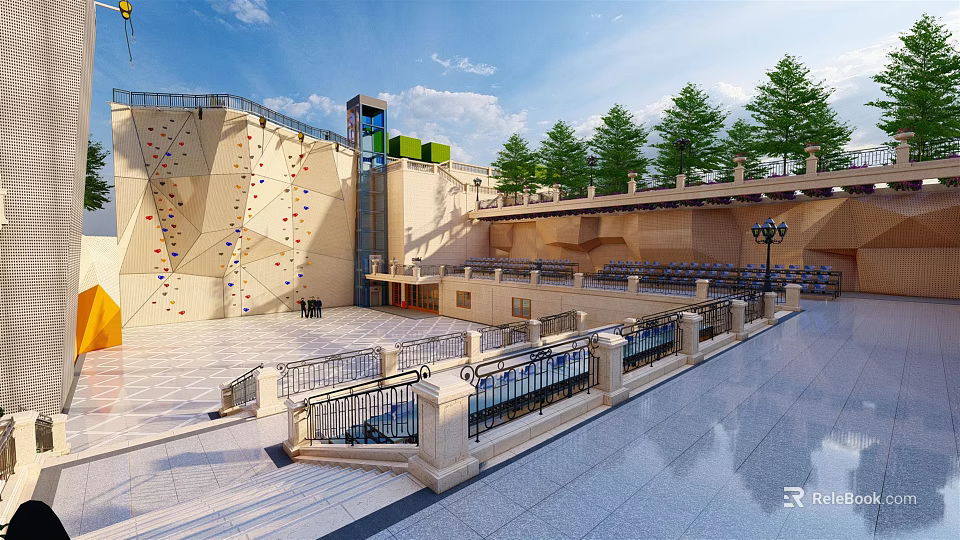 Outdoor Public Space With Climbing Wall Open Square Steps Railings And Trees 3d model 