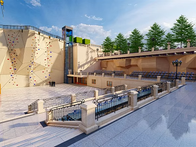 Outdoor Public Space With Climbing Wall Open Square Steps Railings And Trees 3d model