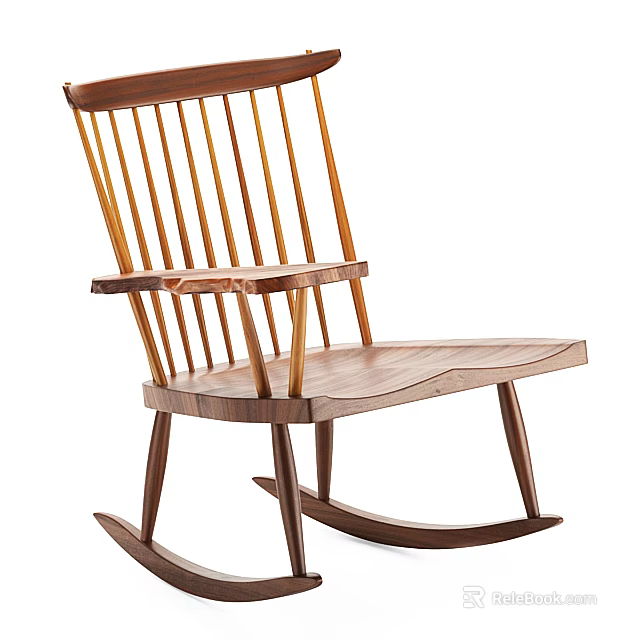 Wooden Rocking Leisure Chair With Vertical Slat Backrest And Curved Armrests 3d model 