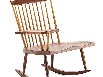 Wooden Rocking Leisure Chair With Vertical Slat Backrest And Curved Armrests 3d model