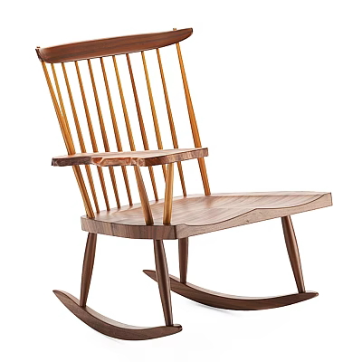 Wooden Rocking Leisure Chair With Vertical Slat Backrest And Curved Armrests 3d model