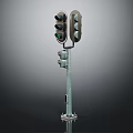 Dual Headed Traffic Light On Metal Pole With Green Light Illuminated Against Dark Background