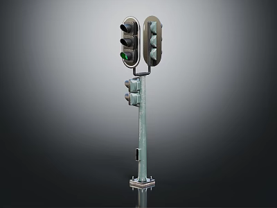 Dual Headed Traffic Light On Metal Pole With Green Light Illuminated Against Dark Background 3d model