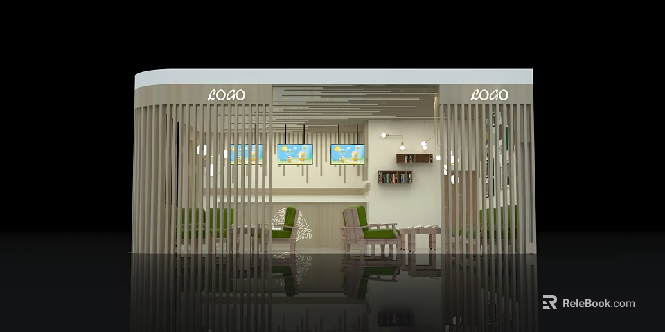 Modern Tea Shop Interior With Wooden Partition Green Chairs And Decorative Wall Art Hanging Lights 3d model 
