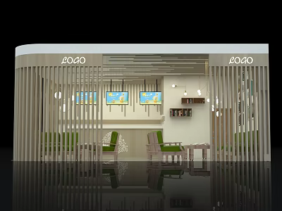 Modern Tea Shop Interior With Wooden Partition Green Chairs And Decorative Wall Art Hanging Lights 3d model