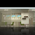 Modern Tea Shop Interior With Wooden Partition Green Chairs And Decorative Wall Art Hanging Lights