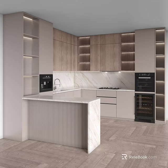 Modern Kitchen Interior With Marble Island Countertop Wooden Cabinets Coffee Machine Oven And Lighting 3d model 