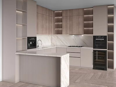 Modern Kitchen Interior With Marble Island Countertop Wooden Cabinets Coffee Machine Oven And Lighting 3d model