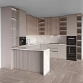 Modern Kitchen Interior With Marble Island Countertop Wooden Cabinets Coffee Machine Oven And Lighting